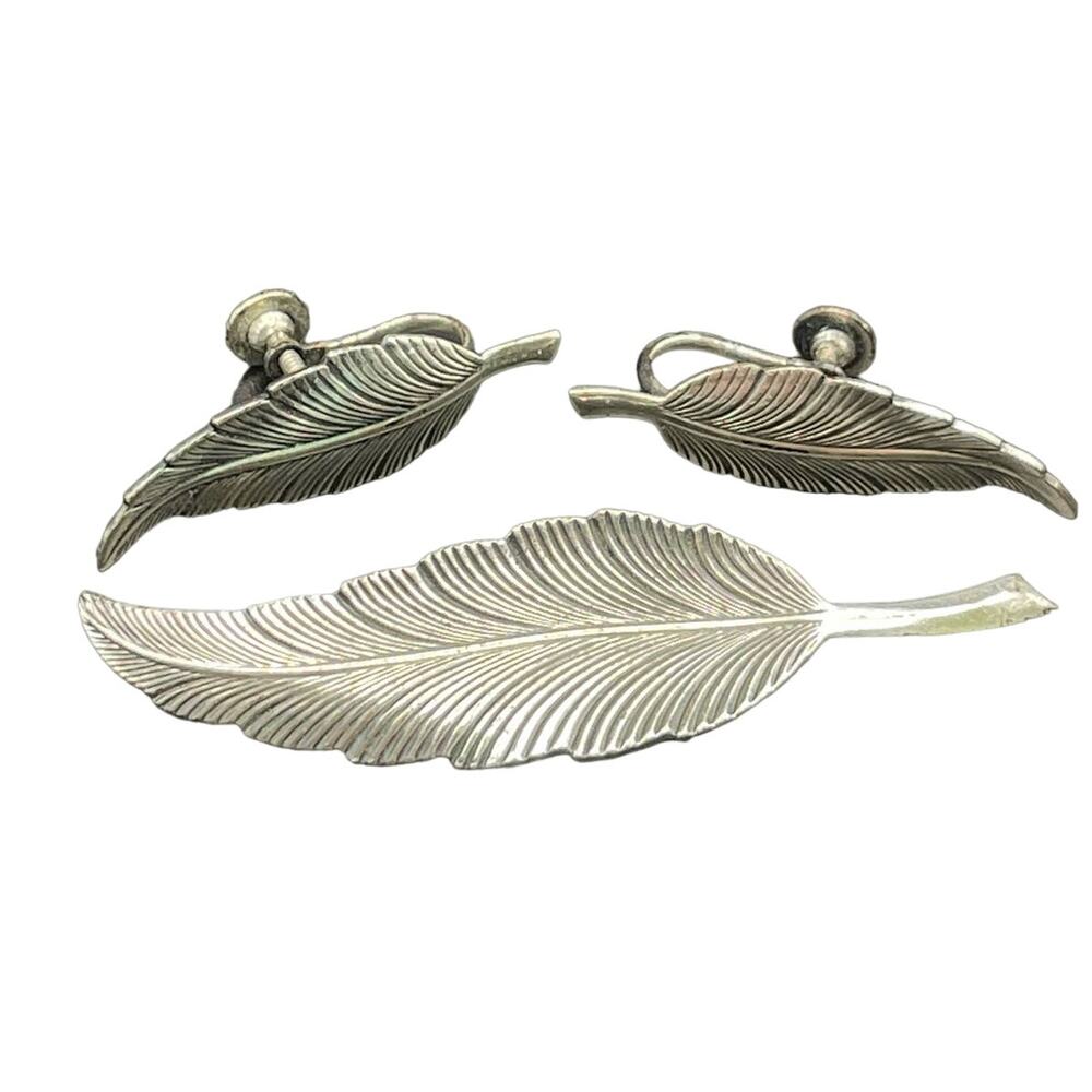 Beau Sterling 2" Pin Feather Brooch Screw Back Earrings Vintage Demi Parure 925